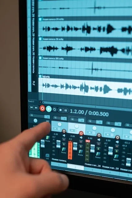 A close-up of a computer screen displaying a Digital Audio Workstation (DAW) with a music project open, showing tracks, waveforms, and plugins.